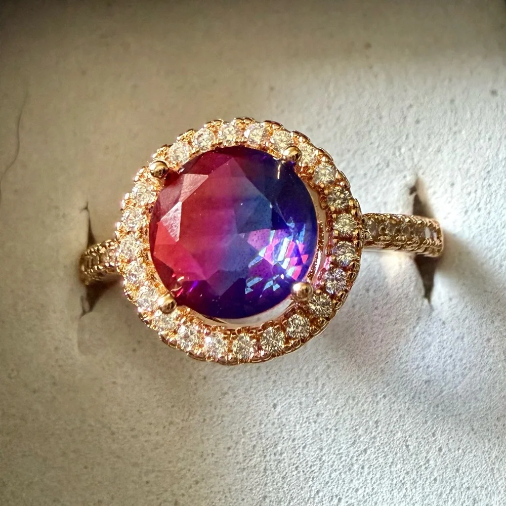 NEW! Pretty Bird Jewelry Gold Halo Ring with Pink Purple Center Stone size 8 - Picture 4 of 16